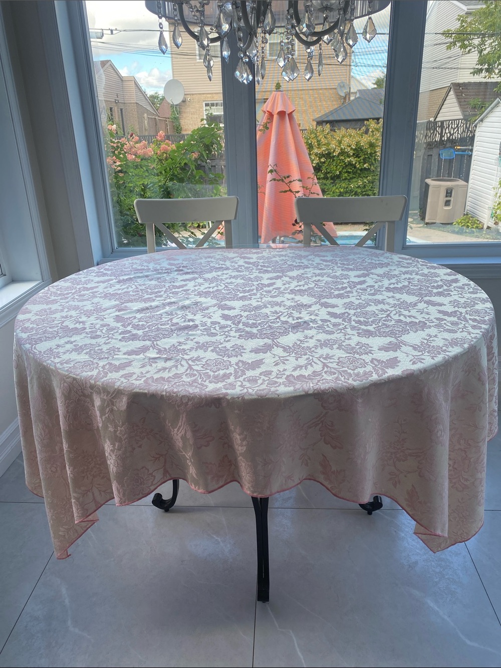Pink & Creme Square Tablecloth w Floral Damask design has sheen L:66.5”W: 50.5”
